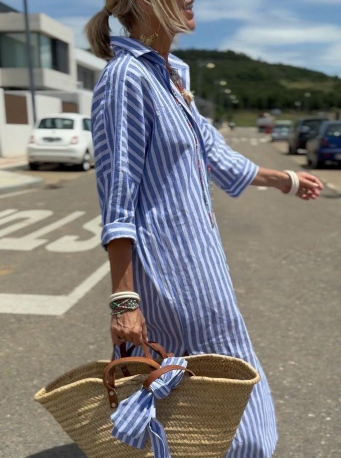 Marina Striped Shirt Dress For Women With Flattering High Low Hem And Full Button Placket