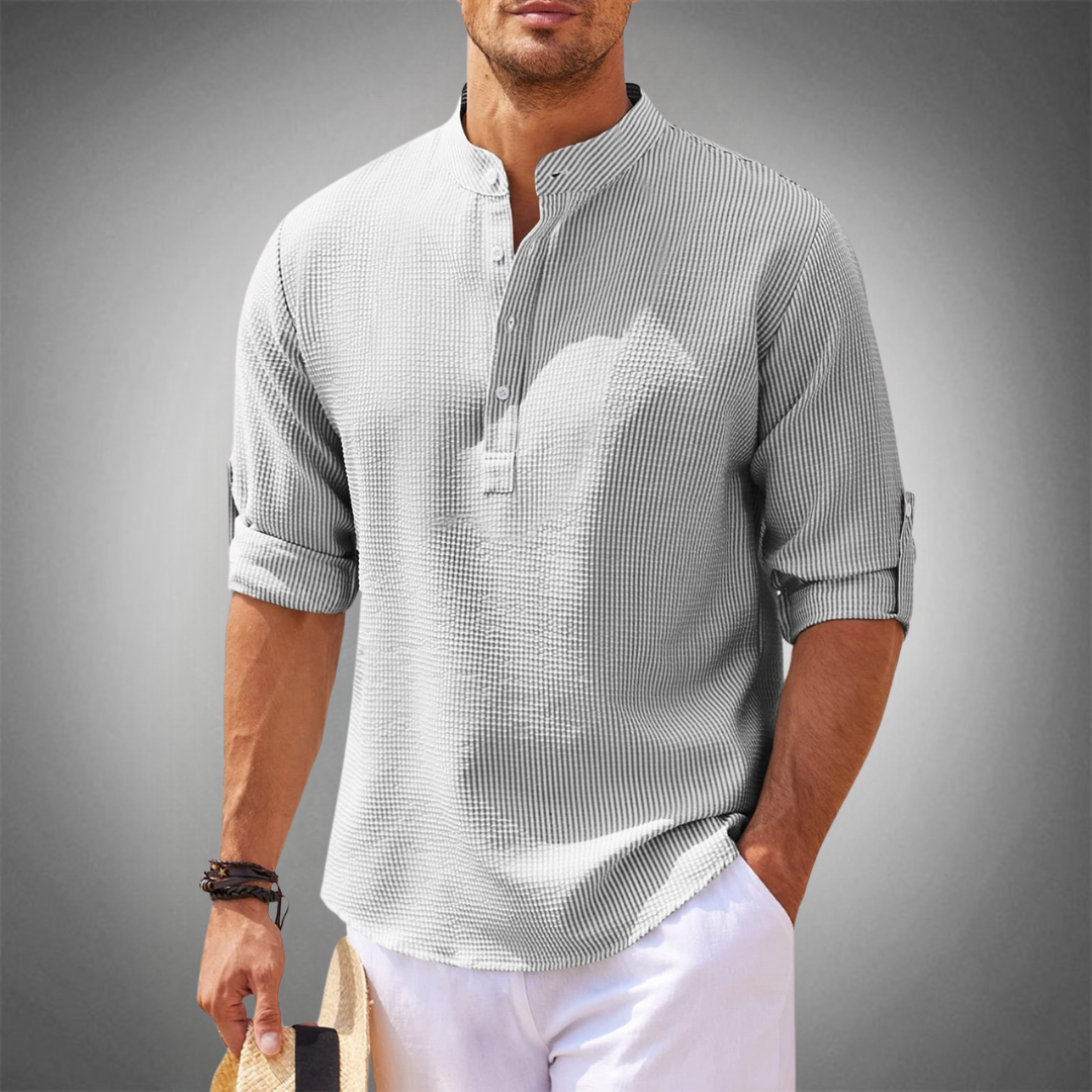 Men's Relaxed Fit Mandarin Collar Shirt With Roll Up Long Sleeves For Casual To Semi Formal