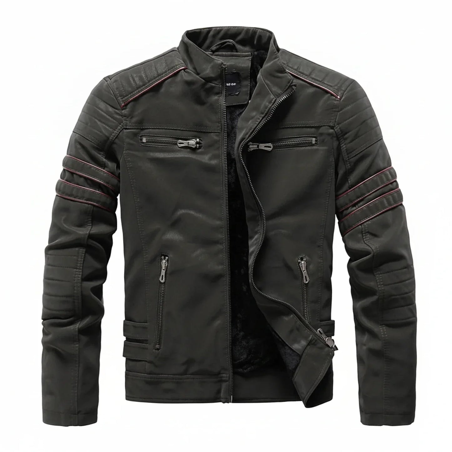 Men's Black Biker Jacket With Stand Collar Quilted Shoulders And Multiple Zipper Pockets