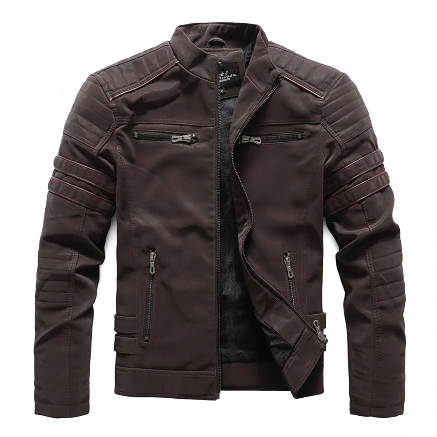 Men's Black Biker Jacket With Stand Collar Quilted Shoulders And Multiple Zipper Pockets
