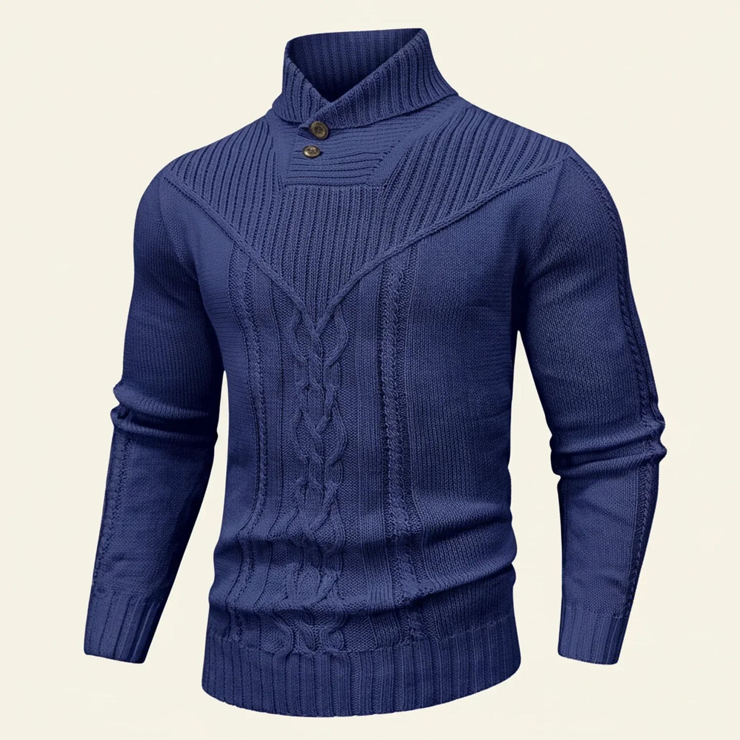 Men's Cable Knit Shawl Collar Sweater Pullover with Button Placket for Layering Warmth