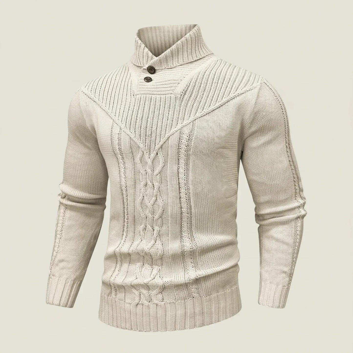 Men's Cable Knit Shawl Collar Sweater Pullover with Button Placket for Layering Warmth