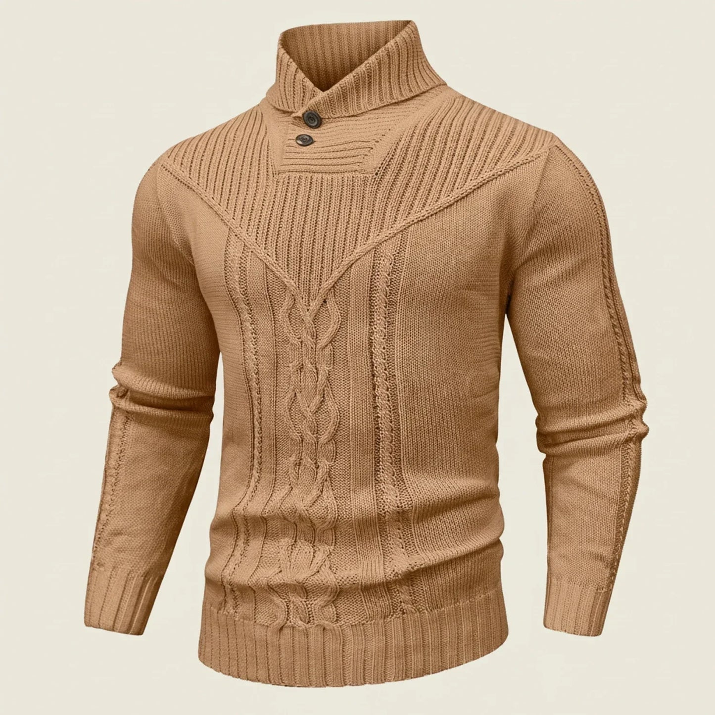Men's Cable Knit Shawl Collar Sweater Pullover with Button Placket for Layering Warmth