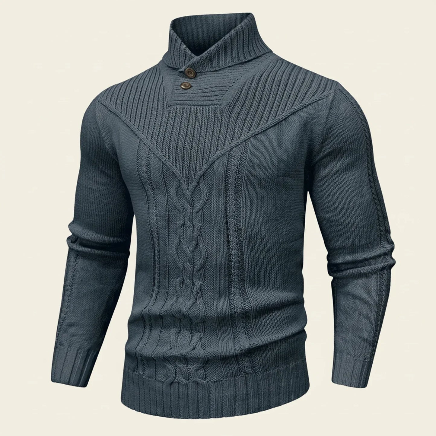 Men's Cable Knit Shawl Collar Sweater Pullover with Button Placket for Layering Warmth