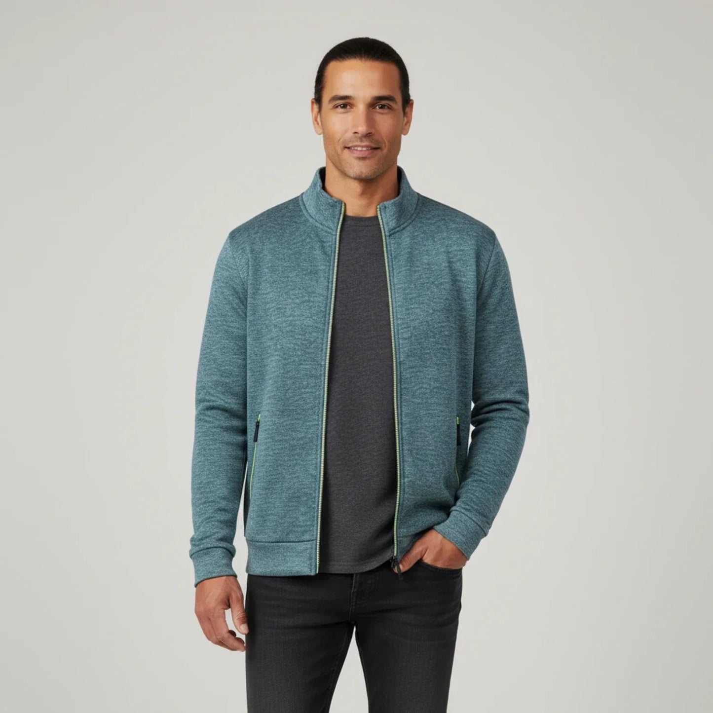 TrendAura Mens Olive Green Full Zip Sweater Jacket With Stand Collar And Zipper Pockets