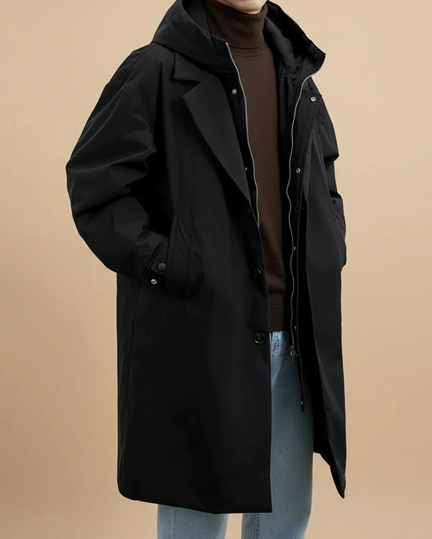 Men's Long Oversized Waterproof Hooded Overcoat With Zip Or Button Front In Olive Green For All Weather