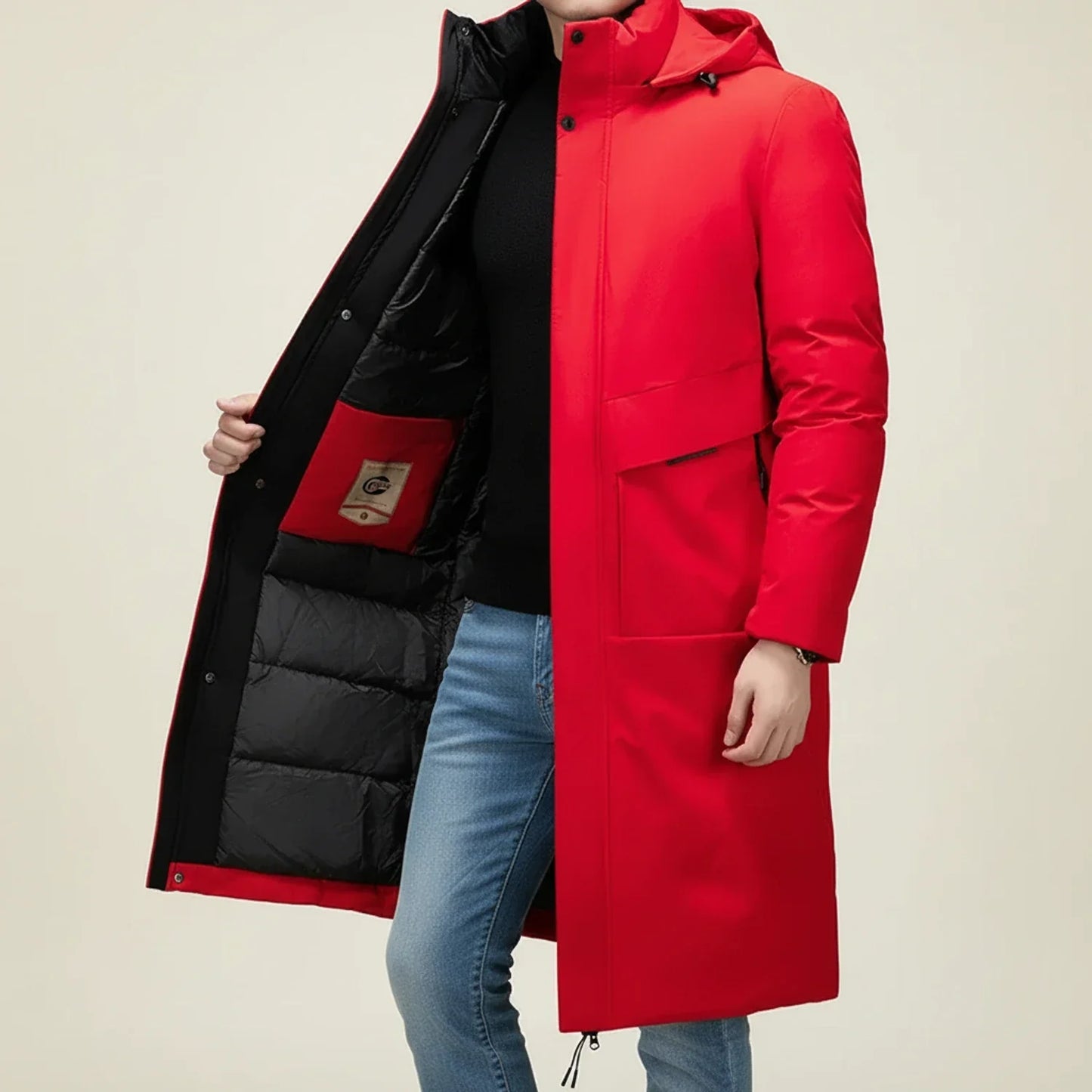 Mens Long Hooded Insulated Parka With Drawstring Hem Snap Closure And Welt Pockets