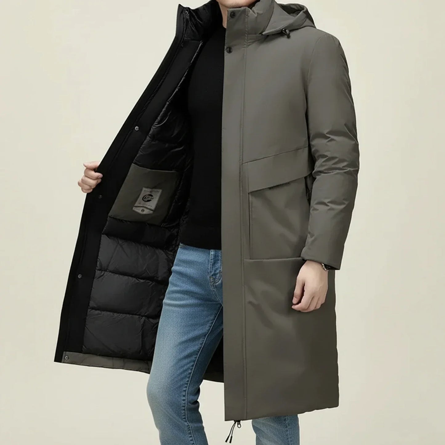 Mens Long Hooded Insulated Parka With Drawstring Hem Snap Closure And Welt Pockets