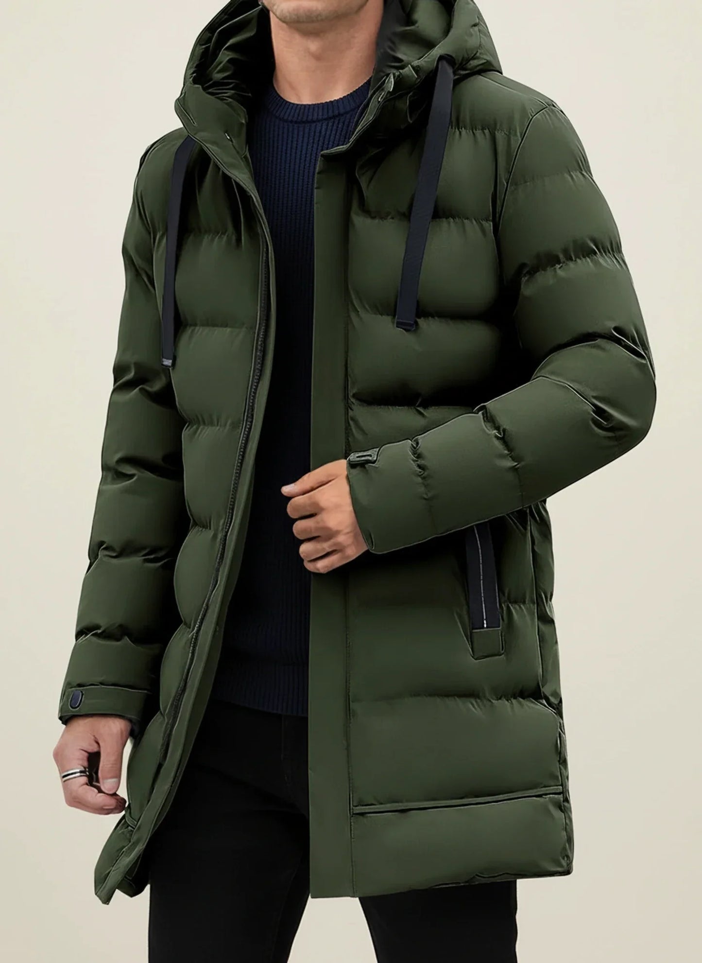 Men's Longline Hooded Puffer Jacket Insulated Winter Coat With Zip Front And Adjustable Snap Cuffs By TrendAura