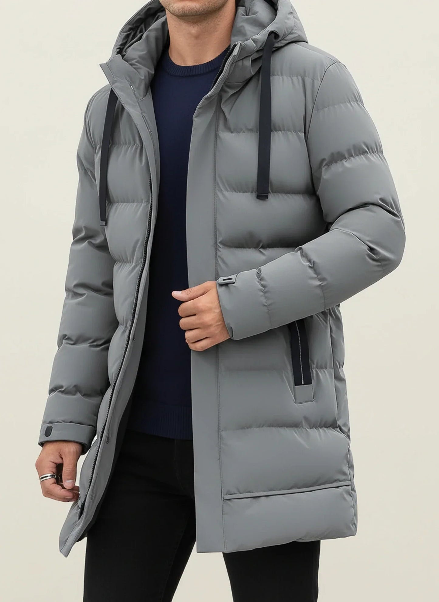 Men's Longline Hooded Puffer Jacket Insulated Winter Coat With Zip Front And Adjustable Snap Cuffs By TrendAura