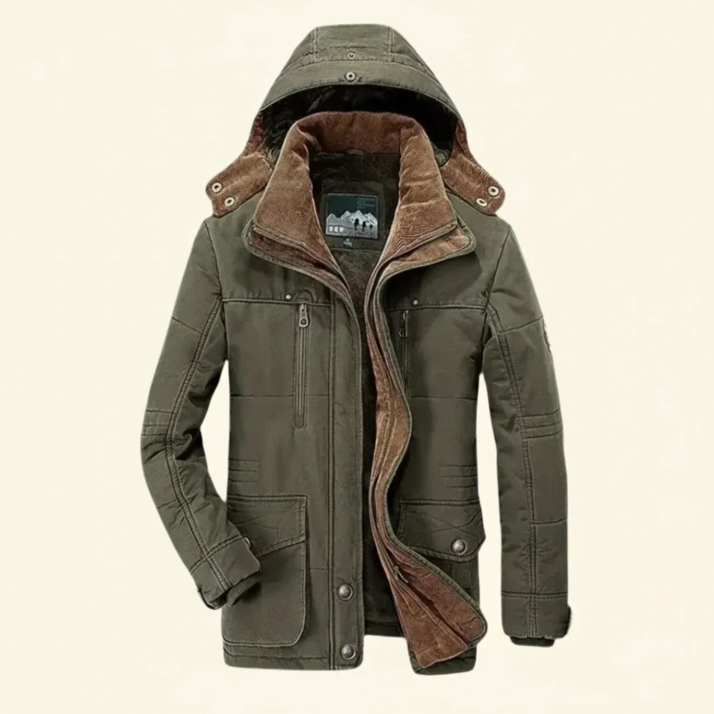 TrendAura Men's Hooded Utility Winter Jacket With Multiple Pockets And Quilted Shoulder Detail