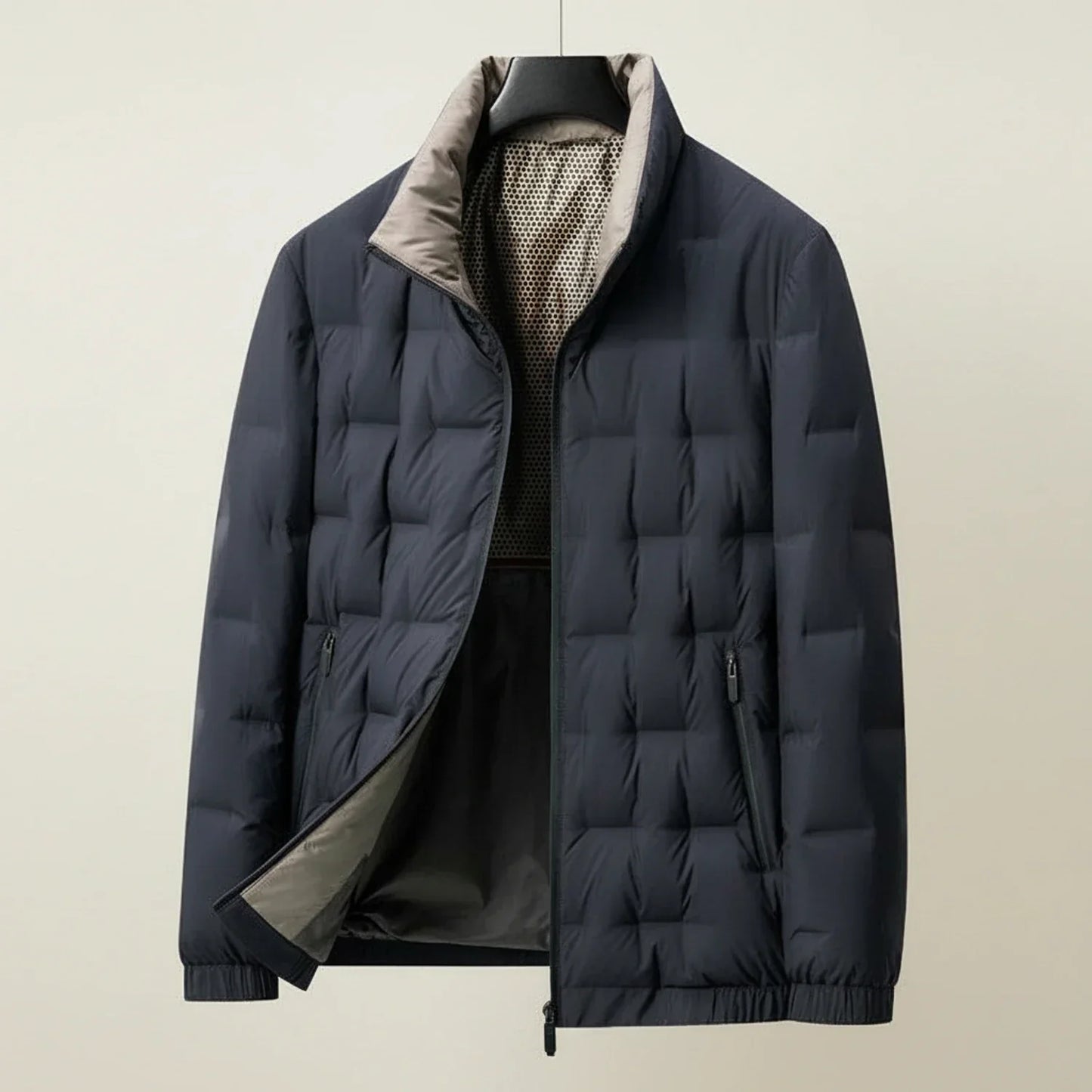 Men's Lightweight Quilted Puffer Jacket With Stand Collar And Zip Pockets For Everyday Wear