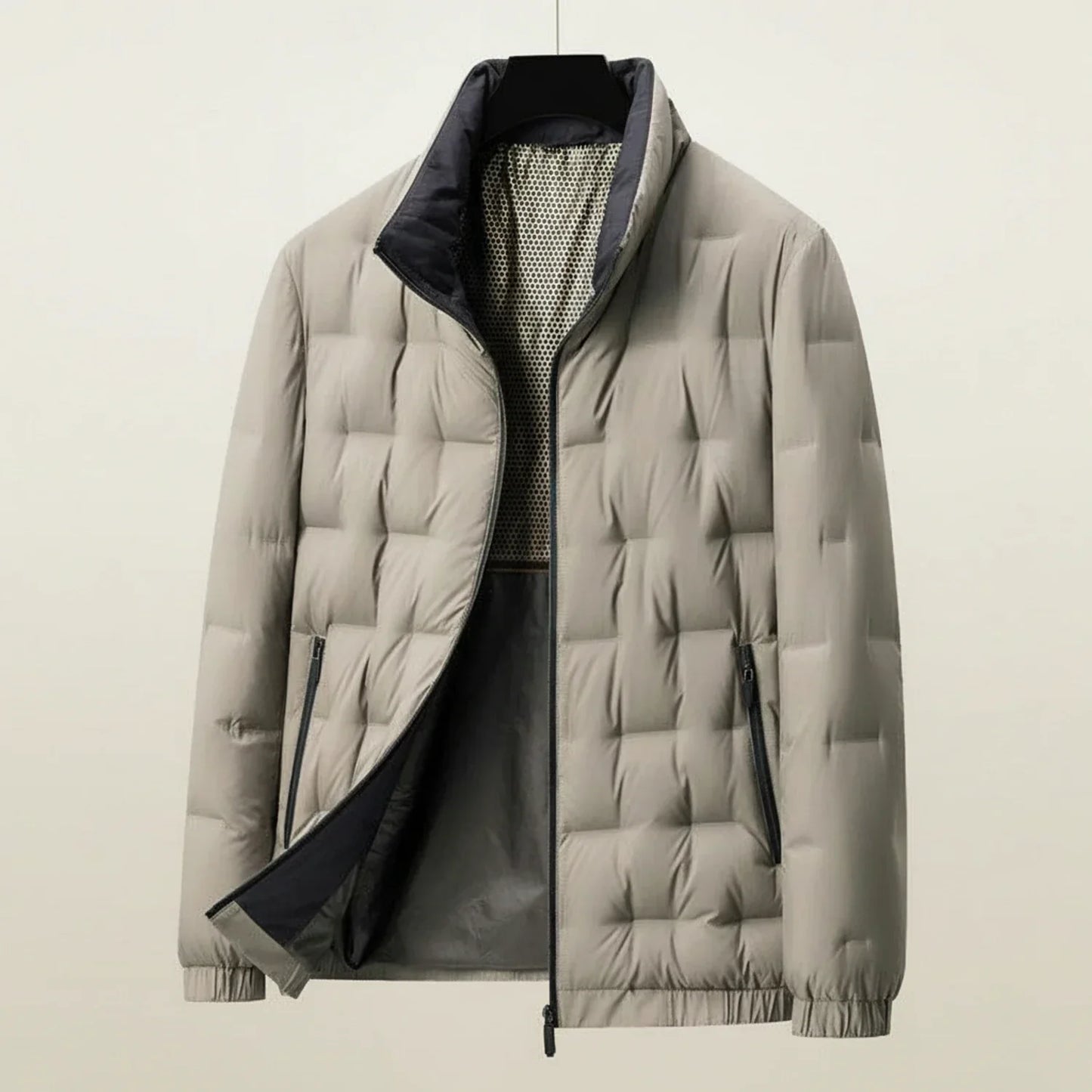 Men's Lightweight Quilted Puffer Jacket With Stand Collar And Zip Pockets For Everyday Wear