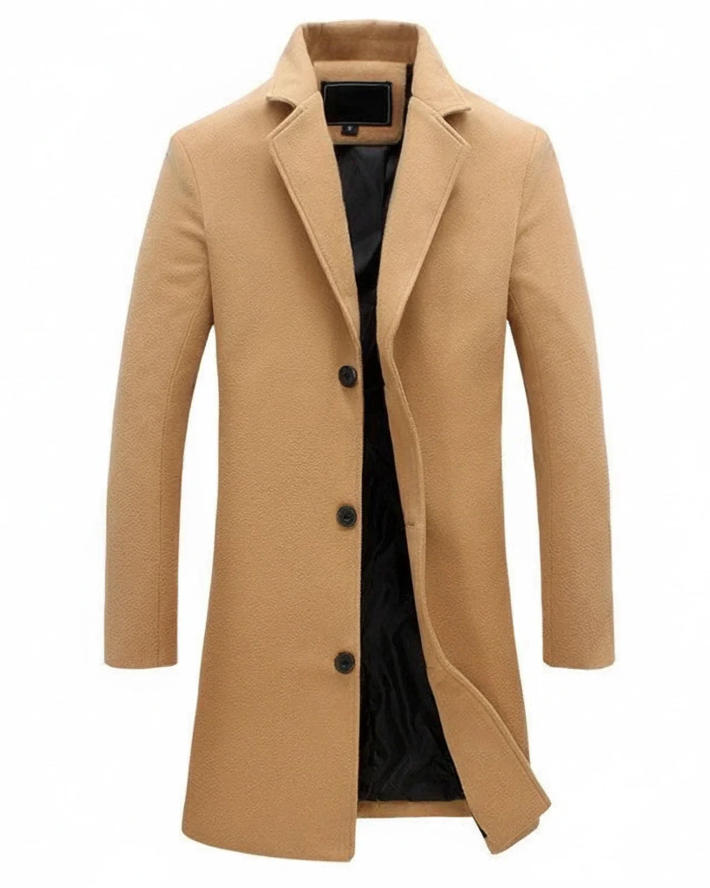 Mens Classic Formal Long Overcoat With Notch Lapel And Button Front For Versatile Formal Or Casual Wear TrendAura