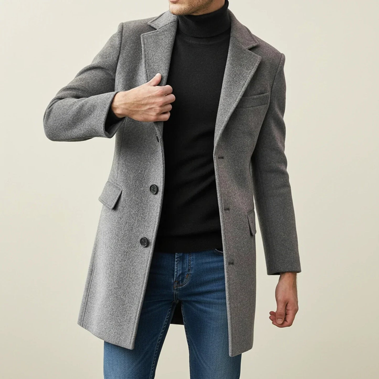 TrendAura Mens Classic Winter Long Overcoat With Notched Lapel Knee Length Single Breasted Button Closure