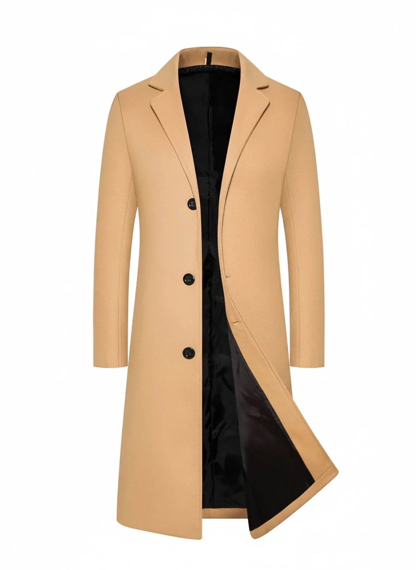 TrendAura Men's Black Formal Classic Long Overcoat With Notch Lapel Button Closure