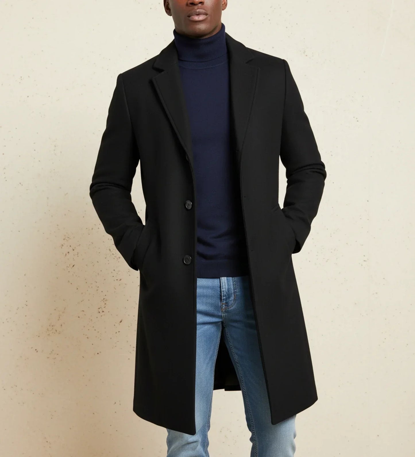 TrendAura Mens Notch Lapel Long Single Breasted Overcoat With Button Front Closure Classic Fit