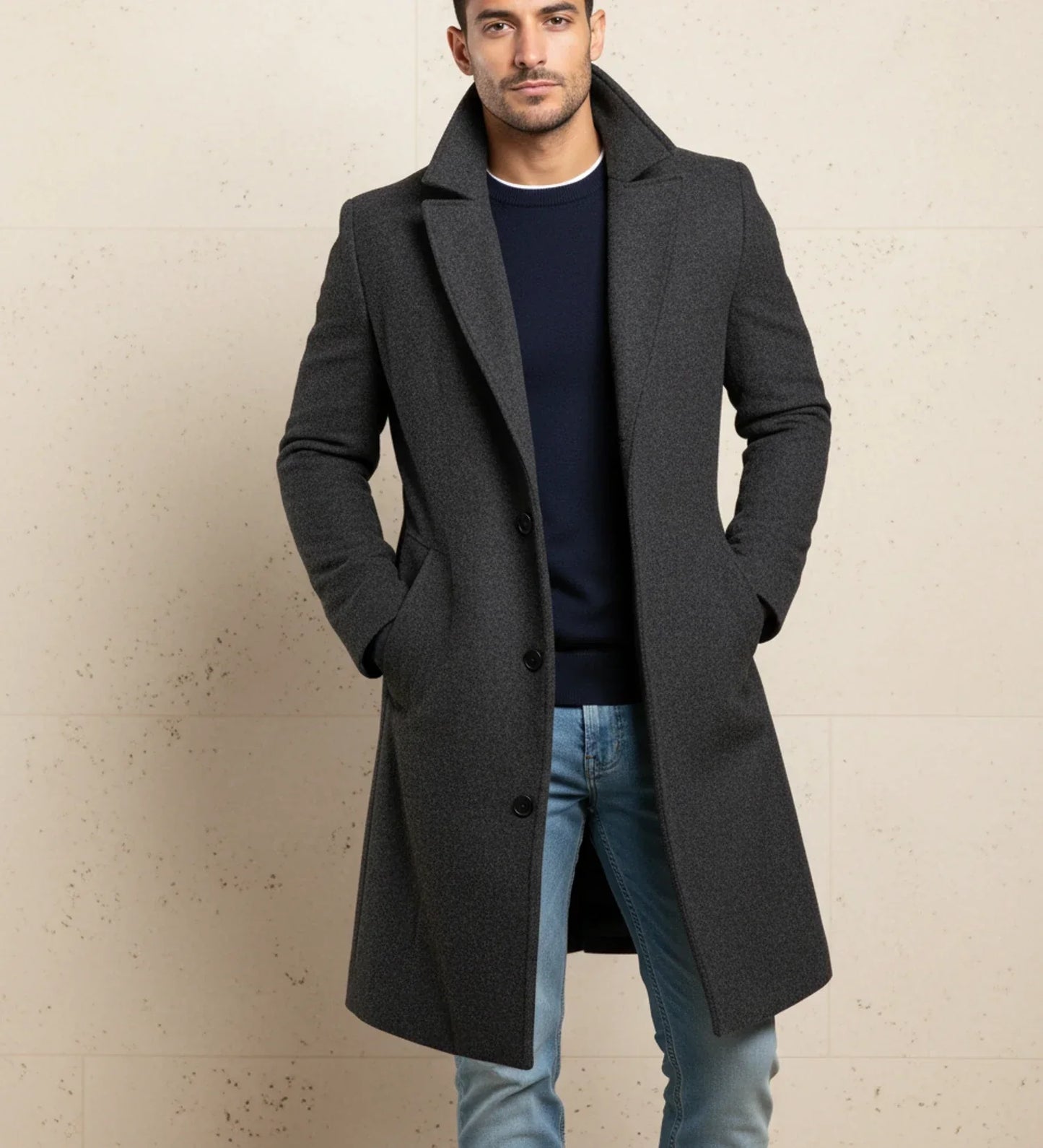 TrendAura Mens Notch Lapel Long Single Breasted Overcoat With Button Front Closure Classic Fit