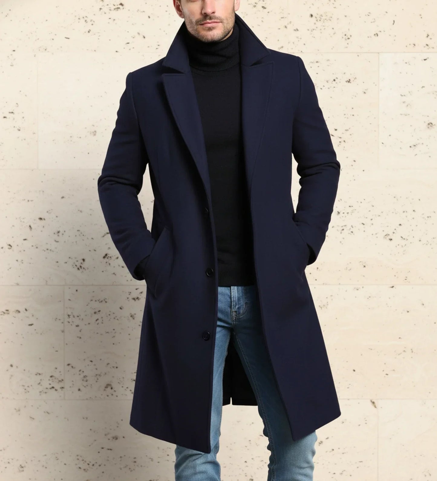 TrendAura Mens Notch Lapel Long Single Breasted Overcoat With Button Front Closure Classic Fit