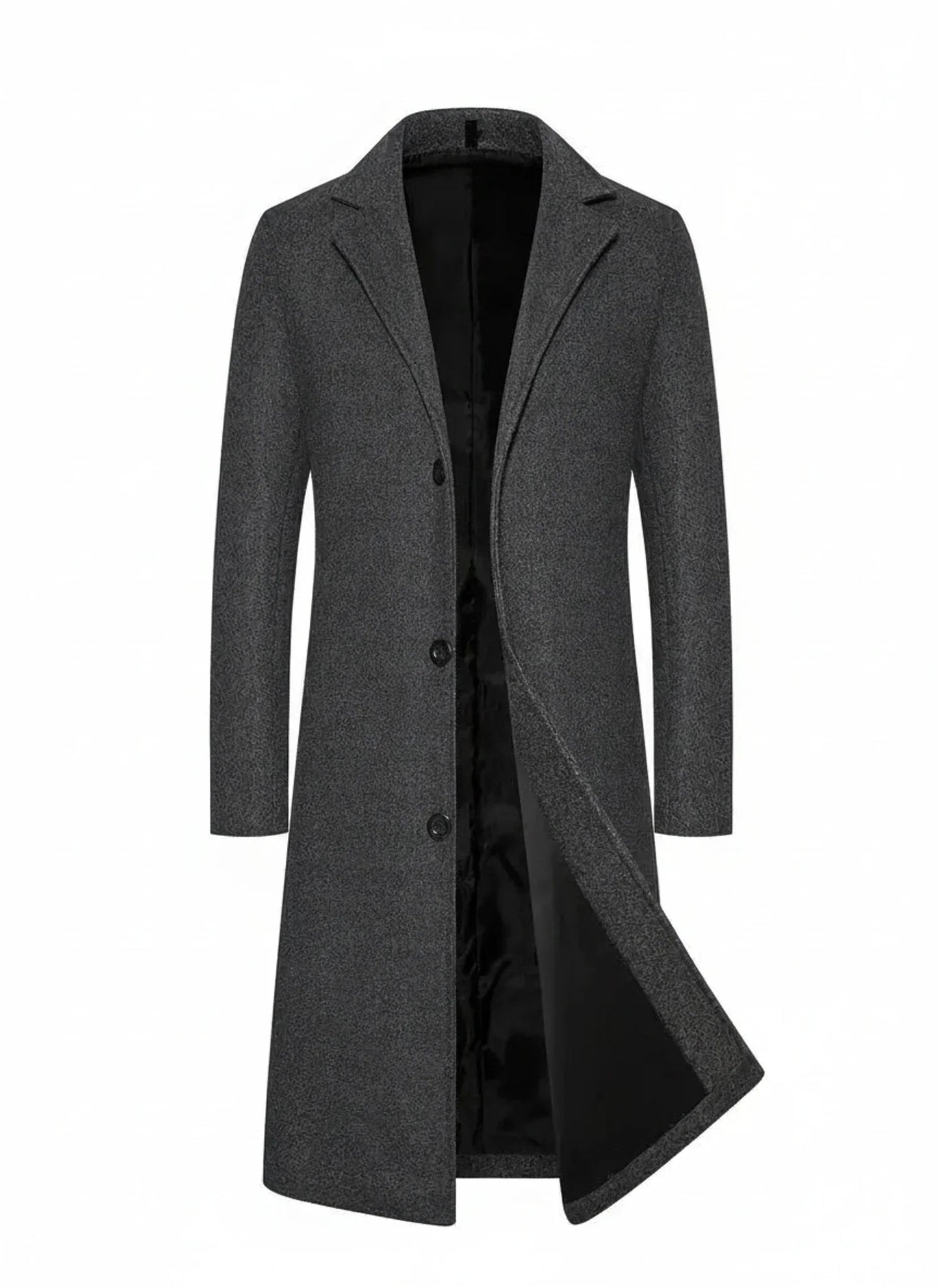 TrendAura Men's Black Formal Classic Long Overcoat With Notch Lapel Button Closure