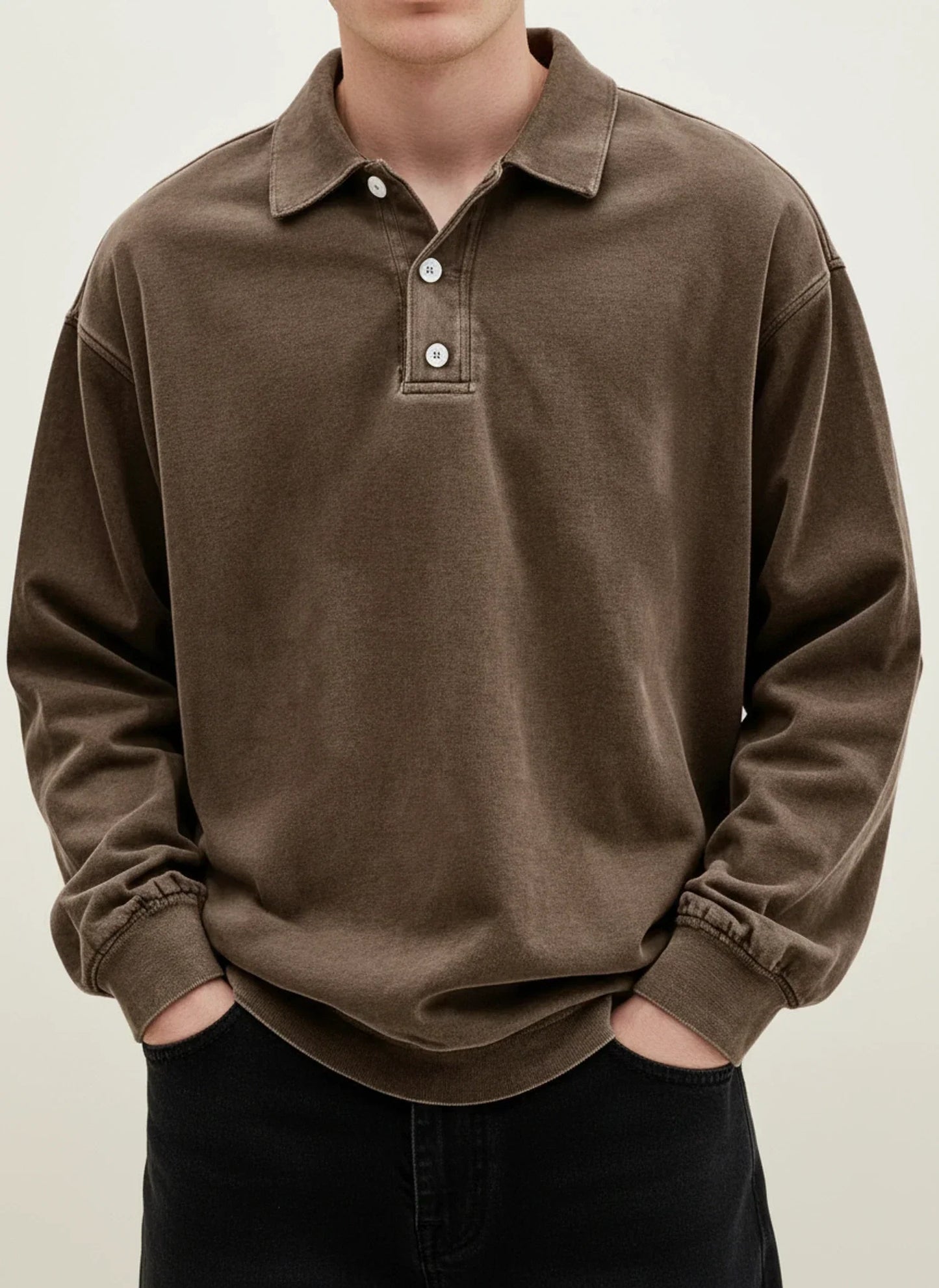 Men's Vintage Style Long Sleeve Polo Shirt With Classic Collar Button Placket Blue