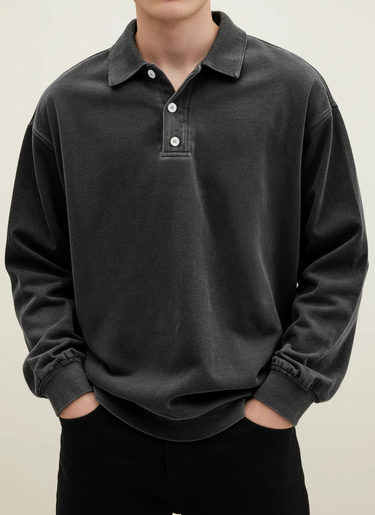 Men's Vintage Style Long Sleeve Polo Shirt With Classic Collar Button Placket Blue
