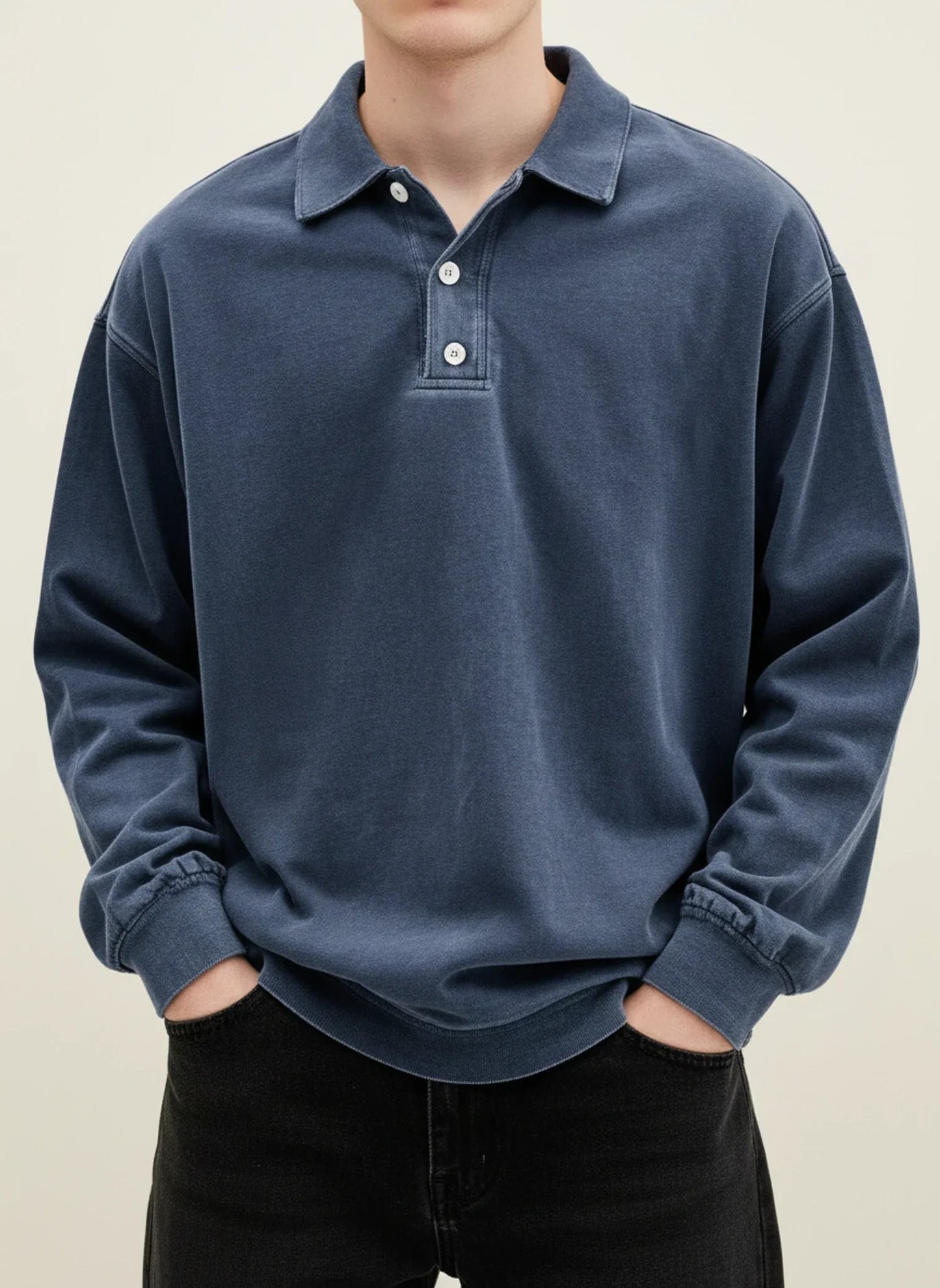Men's Vintage Style Long Sleeve Polo Shirt With Classic Collar Button Placket Blue