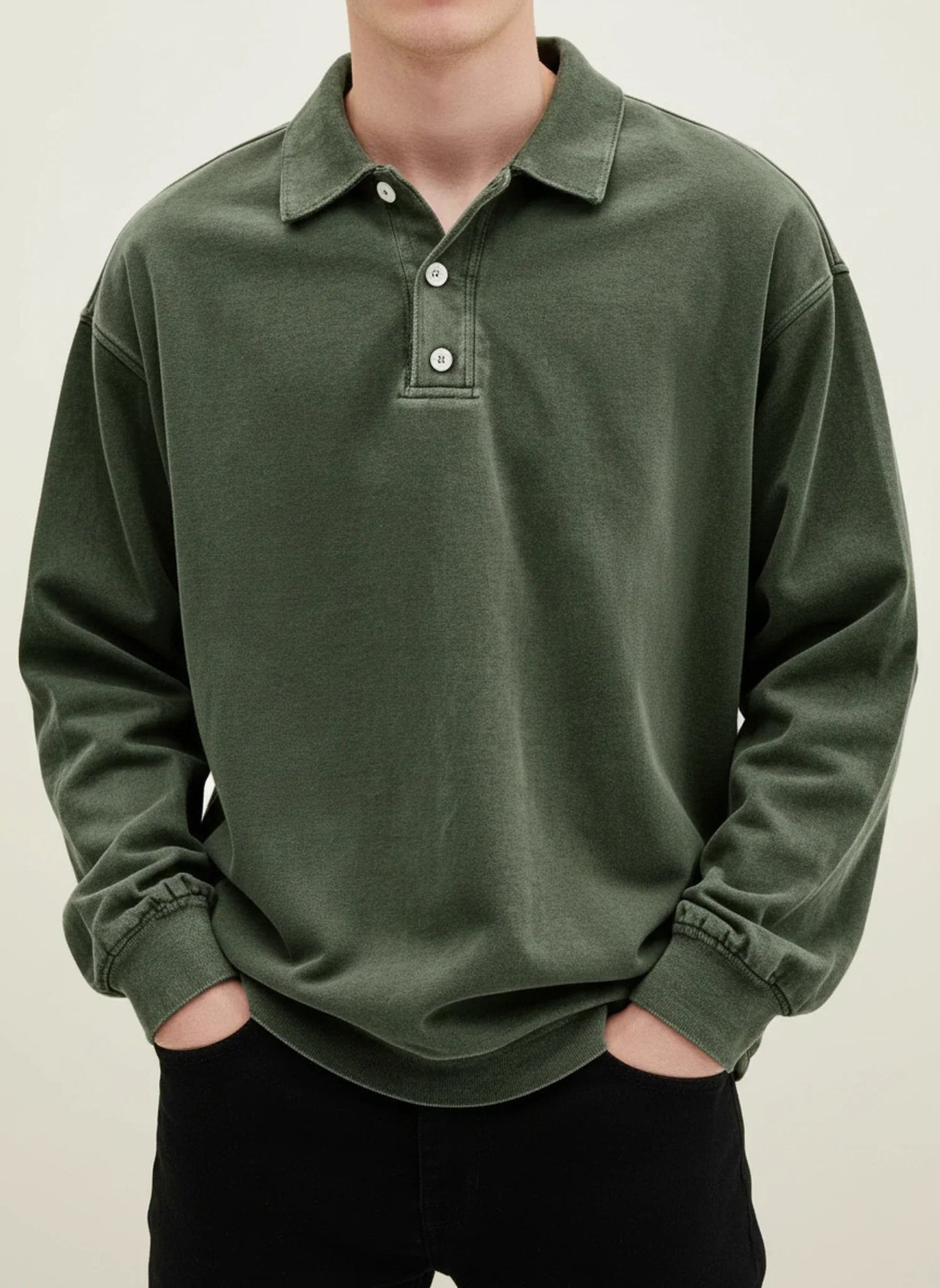 Men's Vintage Style Long Sleeve Polo Shirt With Classic Collar Button Placket Blue