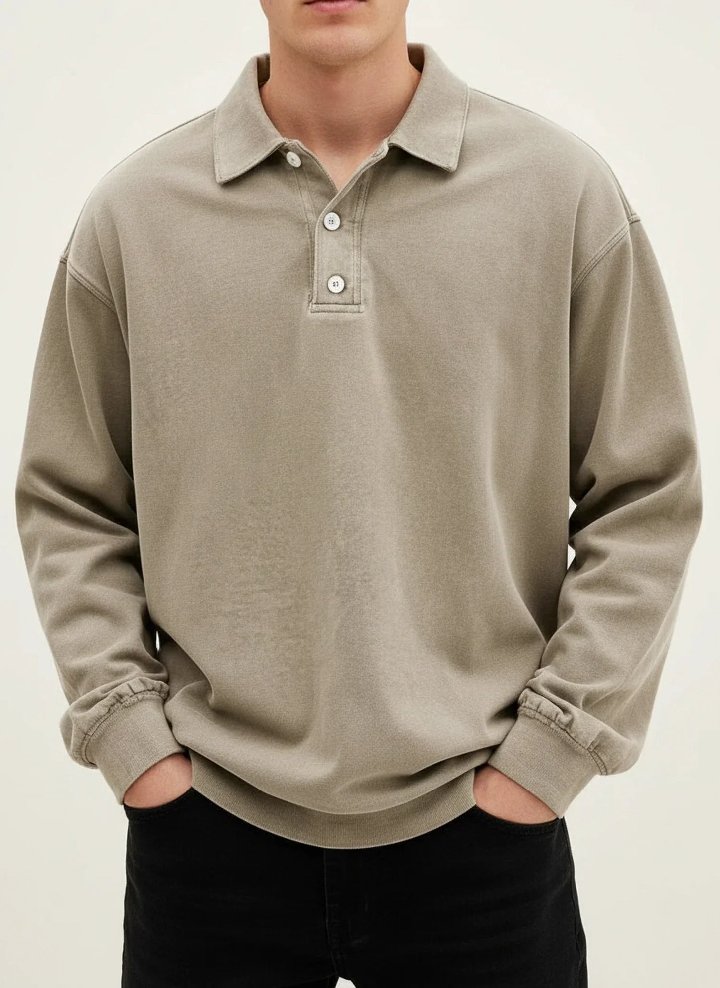 Men's Vintage Style Long Sleeve Polo Shirt With Classic Collar Button Placket Blue