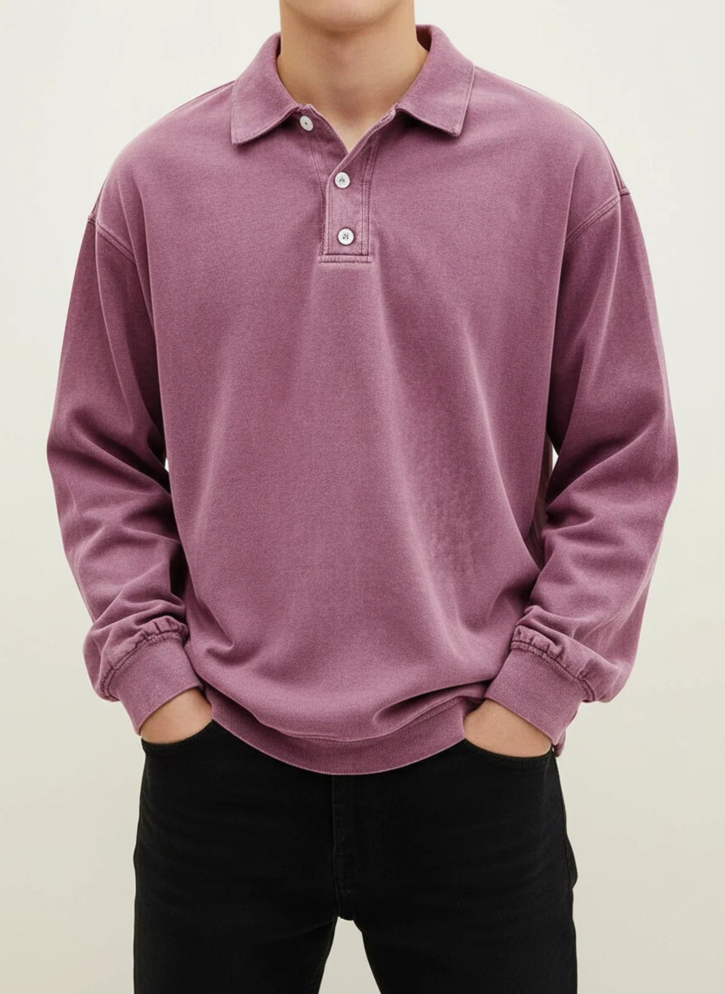 Men's Vintage Style Long Sleeve Polo Shirt With Classic Collar Button Placket Blue