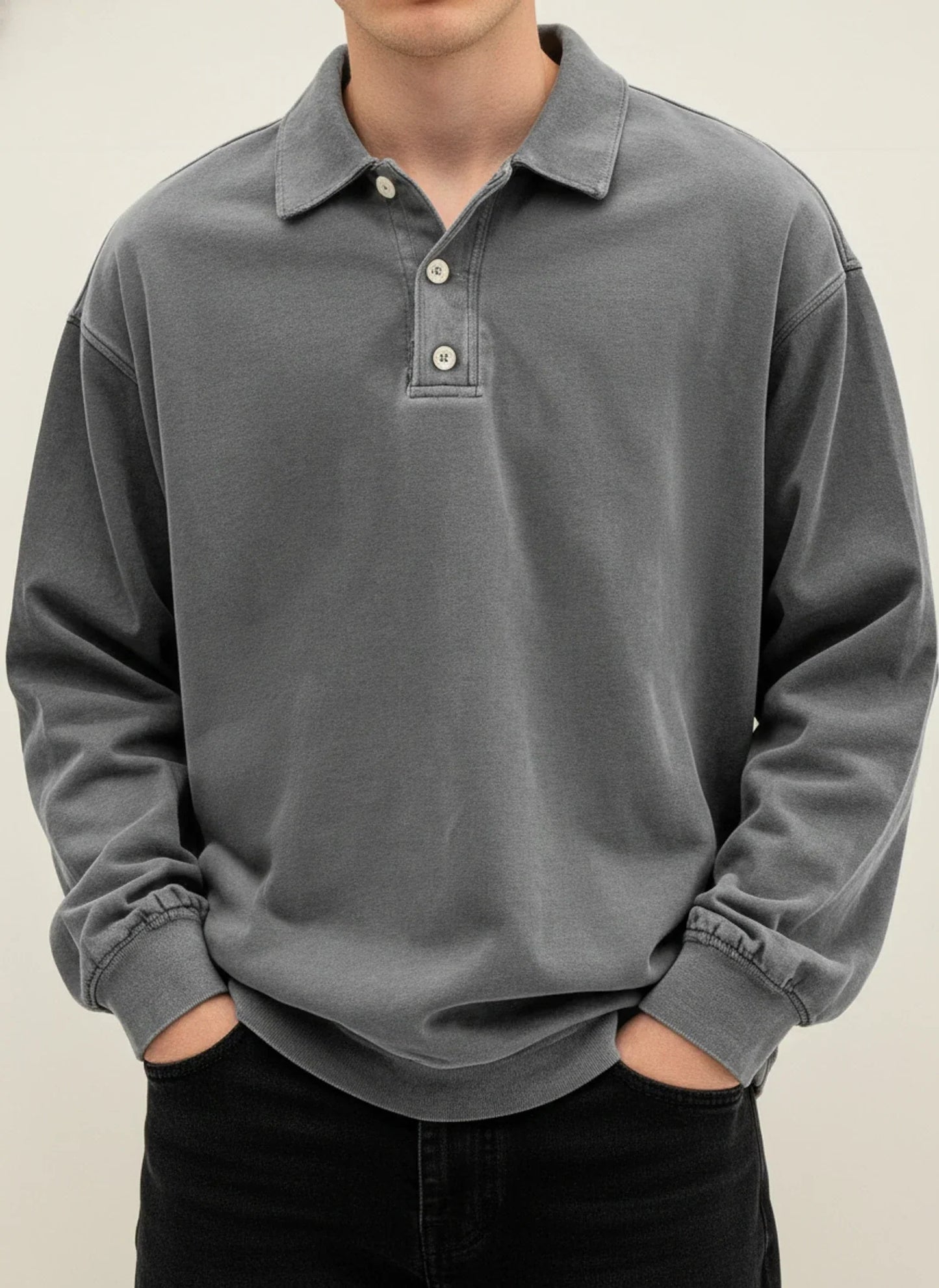 Men's Vintage Style Long Sleeve Polo Shirt With Classic Collar Button Placket Blue