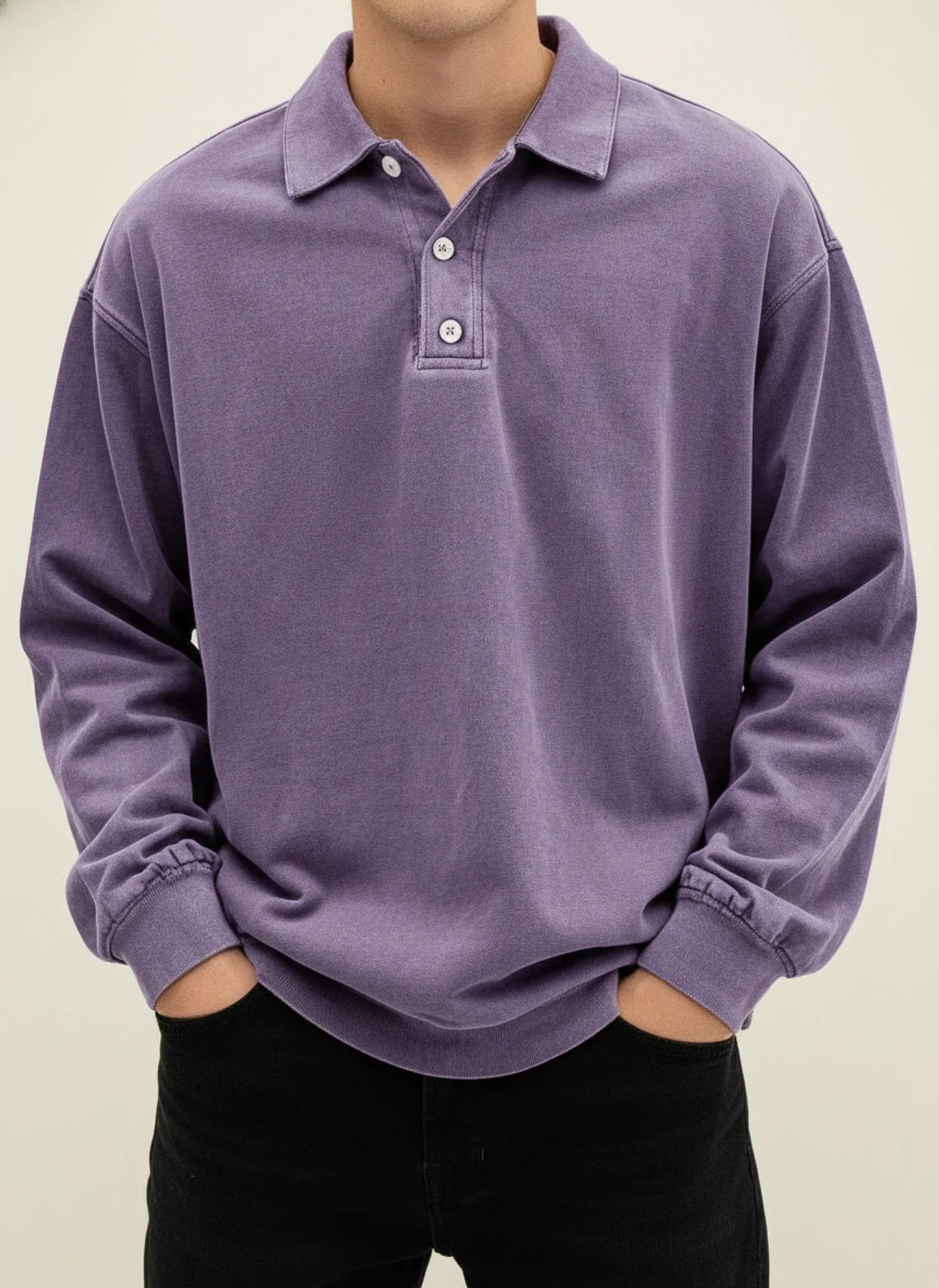 Men's Vintage Style Long Sleeve Polo Shirt With Classic Collar Button Placket Blue