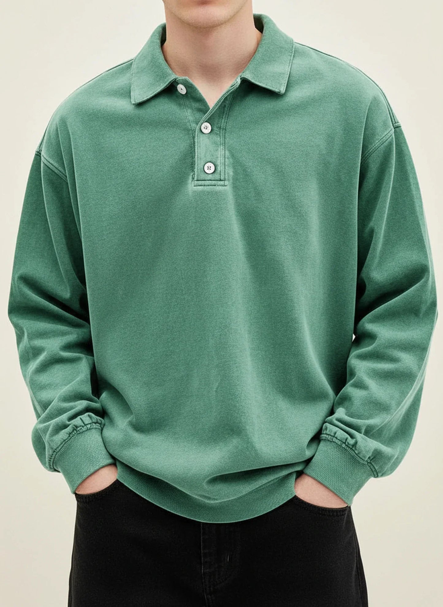 Men's Vintage Style Long Sleeve Polo Shirt With Classic Collar Button Placket Blue