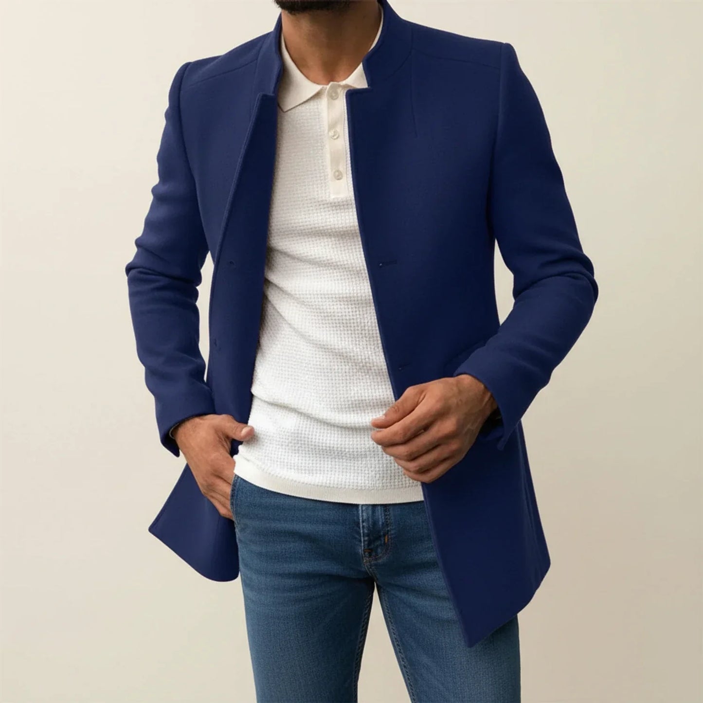 Men's Slim Fit Mandarin Collar Coat Mid-Length Single-Breasted Overcoat In Tan For Modern Formal Looks
