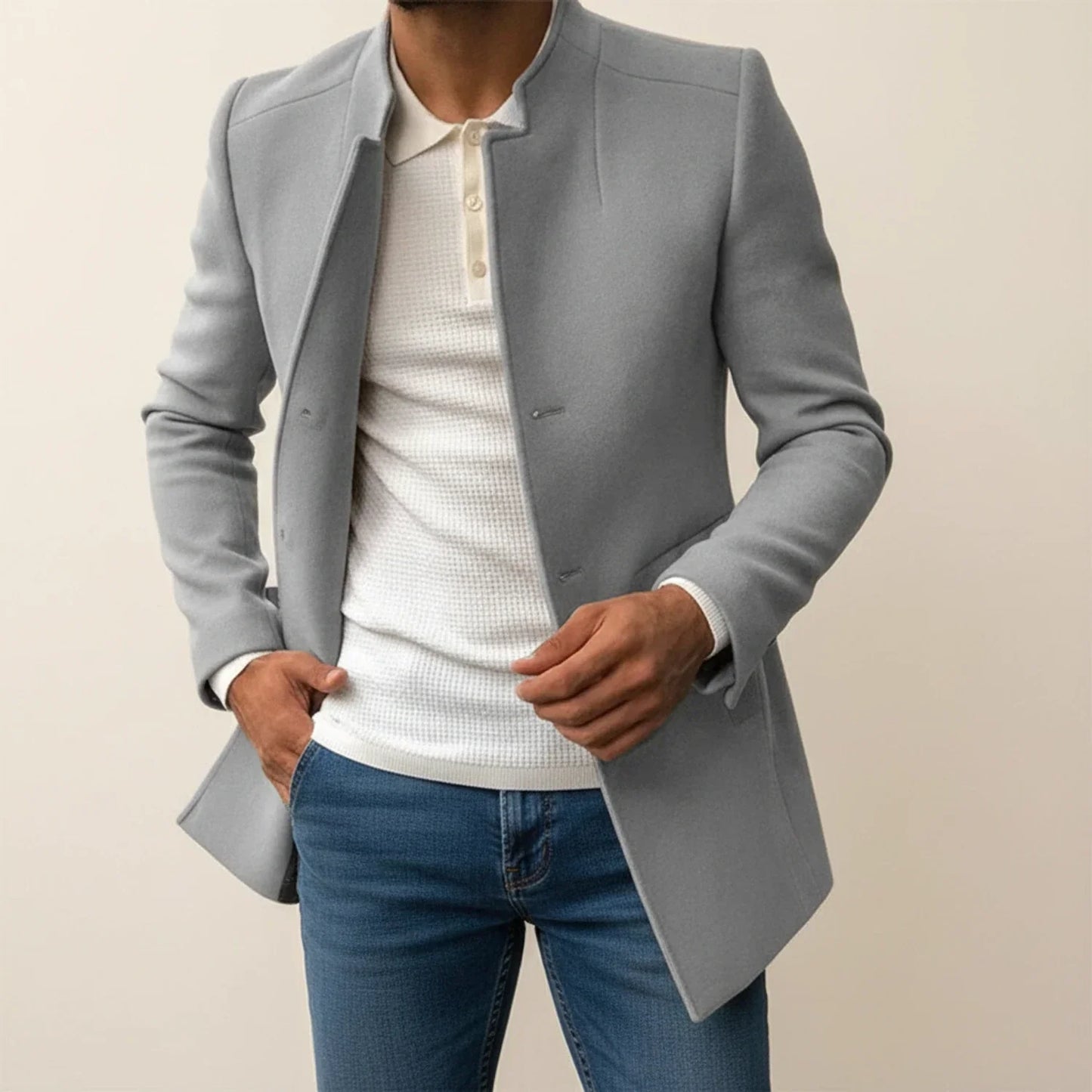 Men's Slim Fit Mandarin Collar Coat Mid-Length Single-Breasted Overcoat In Tan For Modern Formal Looks