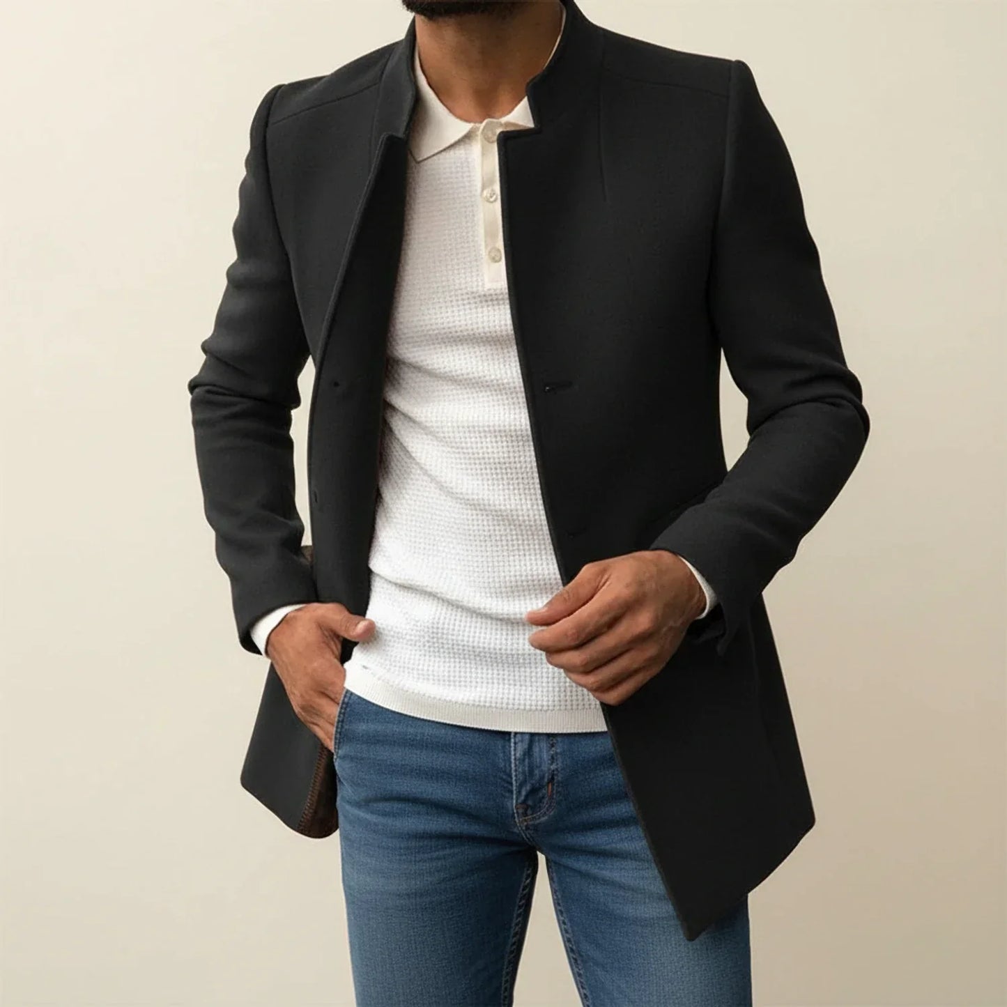 Men's Slim Fit Mandarin Collar Coat Mid-Length Single-Breasted Overcoat In Tan For Modern Formal Looks