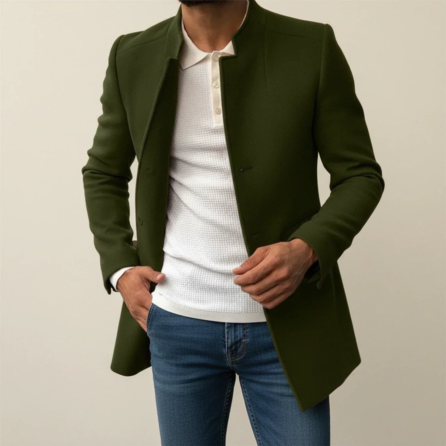 Men's Slim Fit Mandarin Collar Coat Mid-Length Single-Breasted Overcoat In Tan For Modern Formal Looks