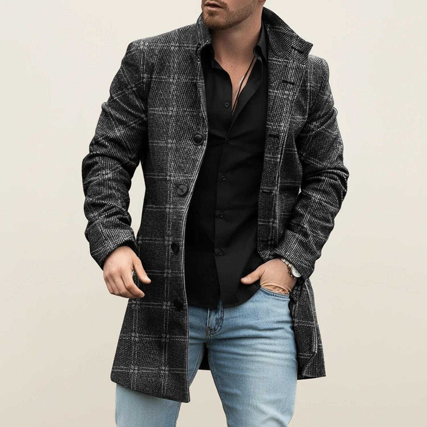 TrendAura Men's Notched Lapel Overcoat Midlength Gray With Button Front And Subtle Pattern