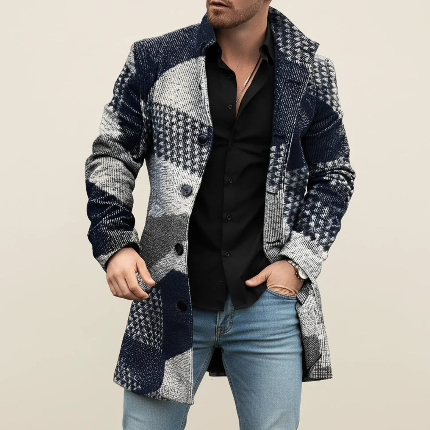 TrendAura Men's Notched Lapel Overcoat Midlength Gray With Button Front And Subtle Pattern