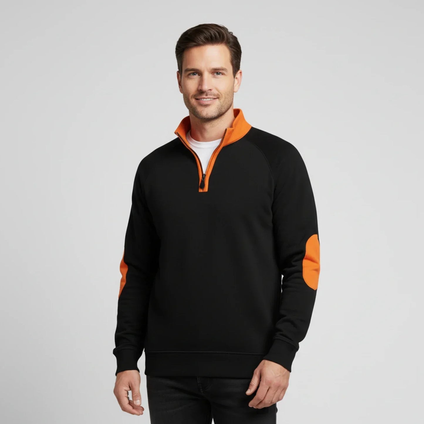 Men's Quarter Zip Raglan Sleeve Sweater With Elbow Patches Stand Collar For Casual Or Semi Formal Looks