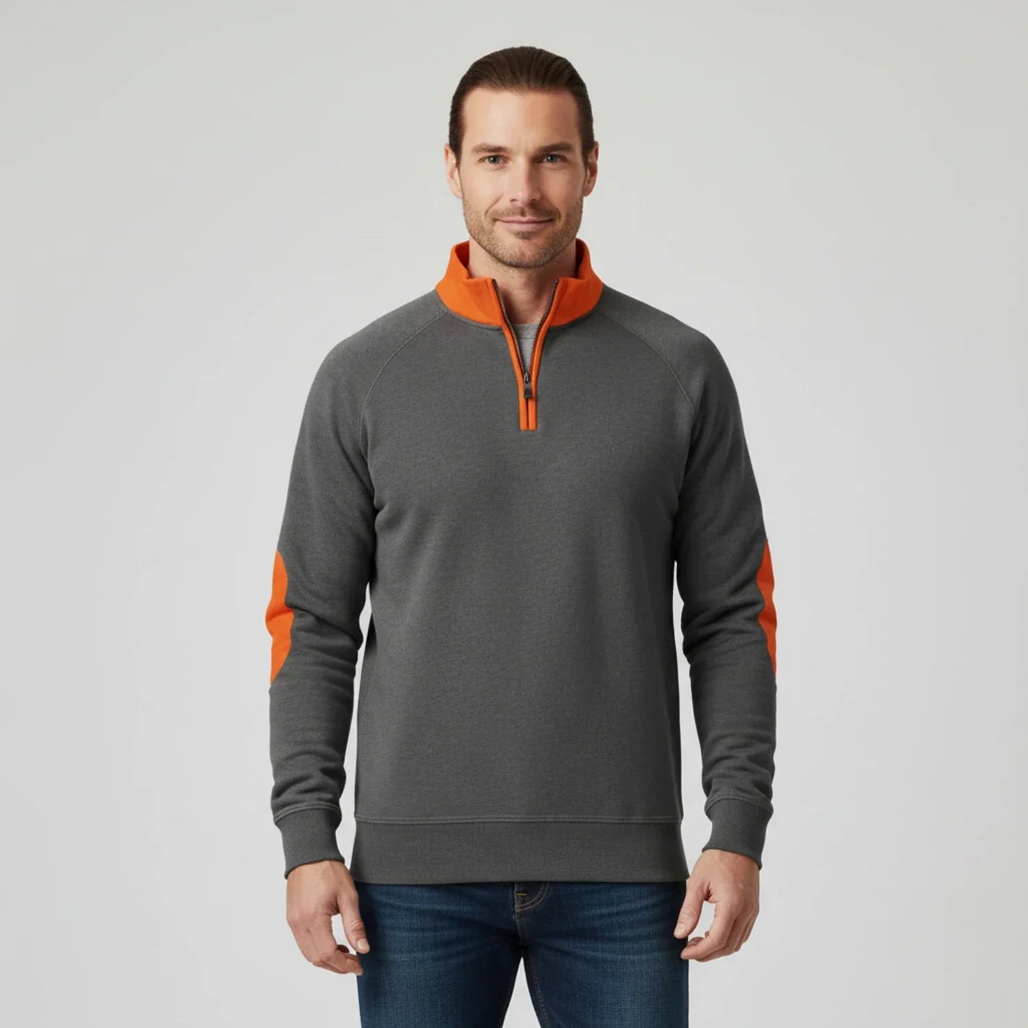 Men's Quarter Zip Raglan Sleeve Sweater With Elbow Patches Stand Collar For Casual Or Semi Formal Looks