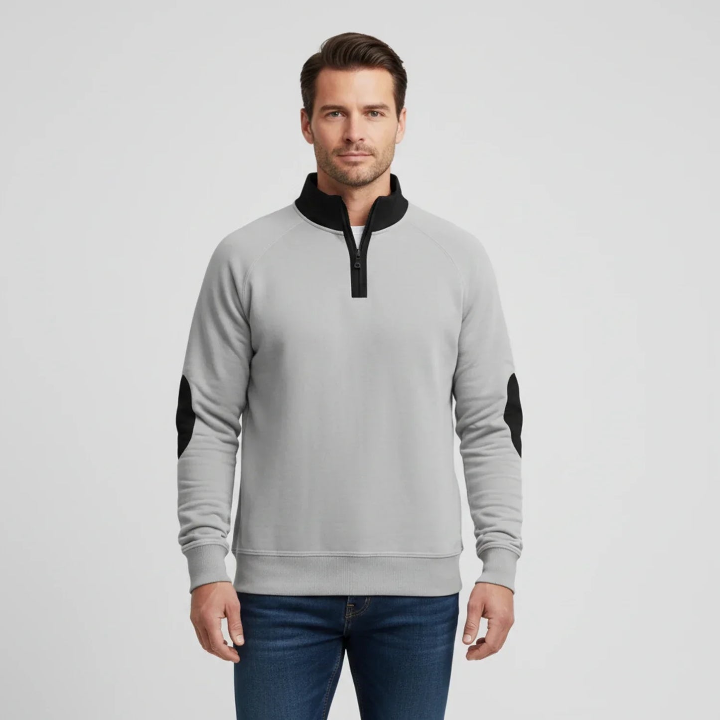 Men's Quarter Zip Raglan Sleeve Sweater With Elbow Patches Stand Collar For Casual Or Semi Formal Looks