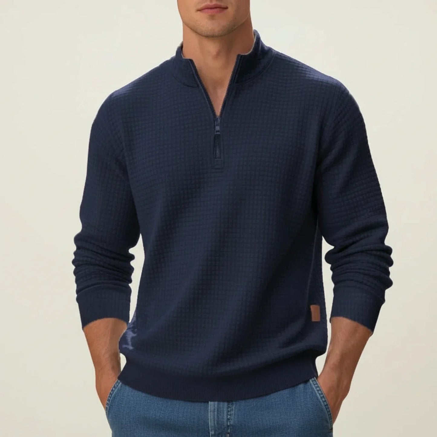 TrendAura Men's Quarter Zip Pullover Sweater With Textured Finish And Stand Collar For Layering
