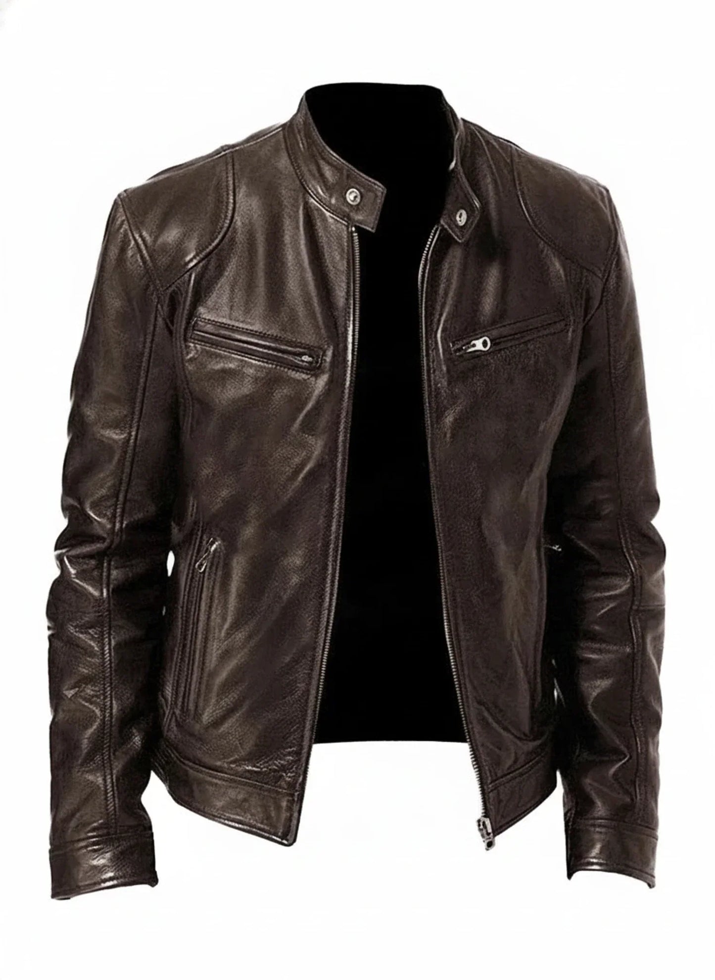 Men's PU Leather Racer Style Jacket Slim Fit With Zip Front Stand Collar For Modern Edgy Look