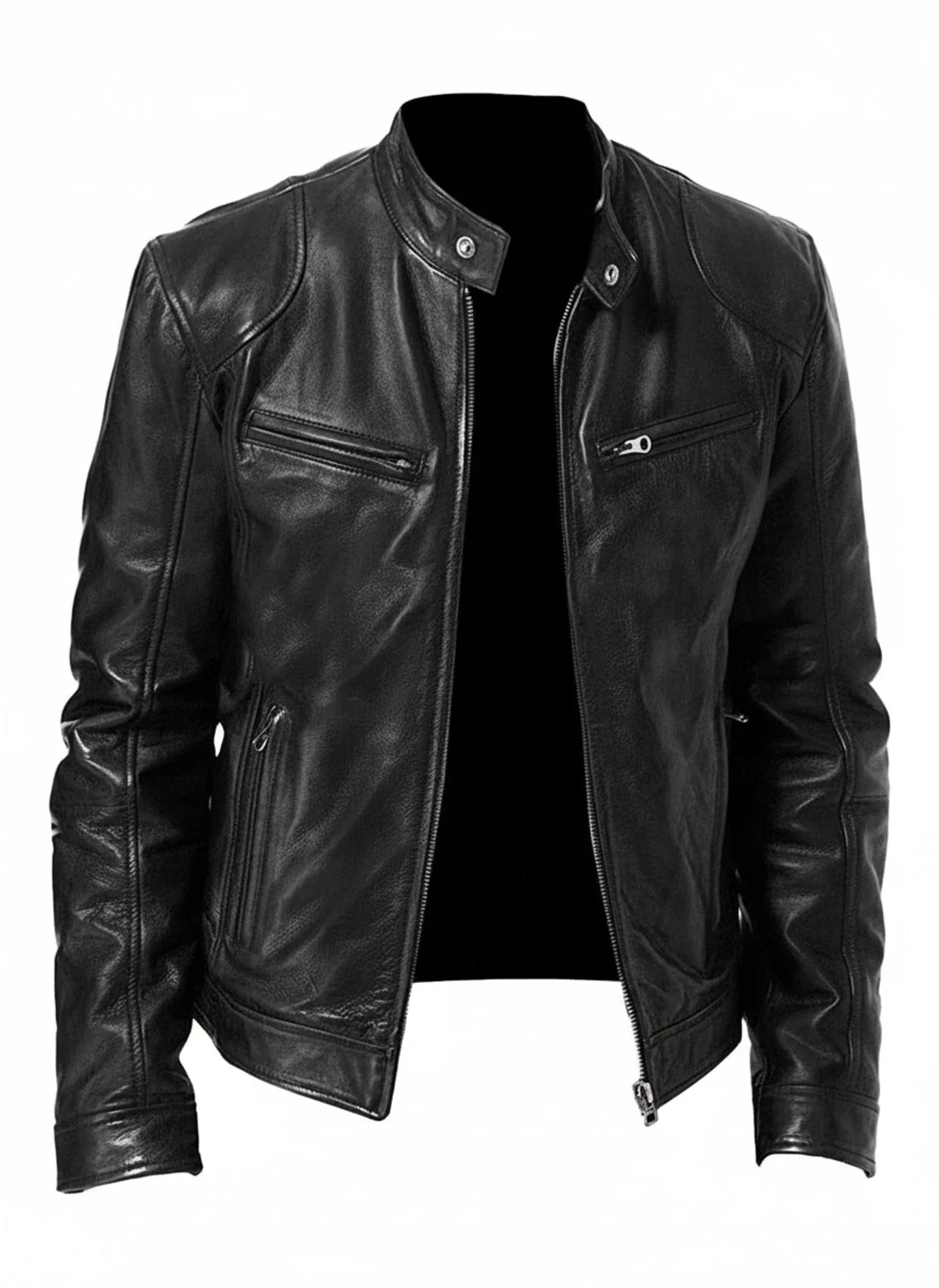 Men's PU Leather Racer Style Jacket Slim Fit With Zip Front Stand Collar For Modern Edgy Look