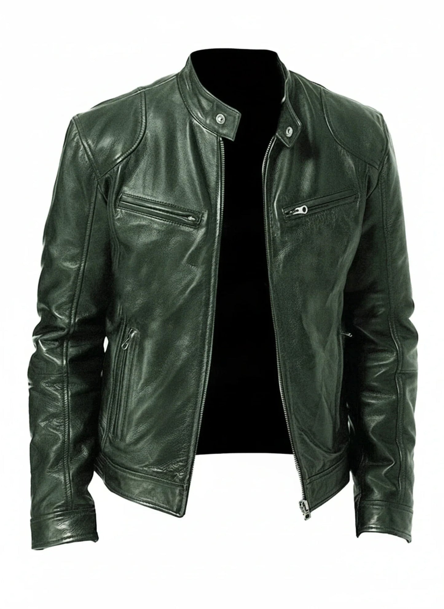 Men's PU Leather Racer Style Jacket Slim Fit With Zip Front Stand Collar For Modern Edgy Look