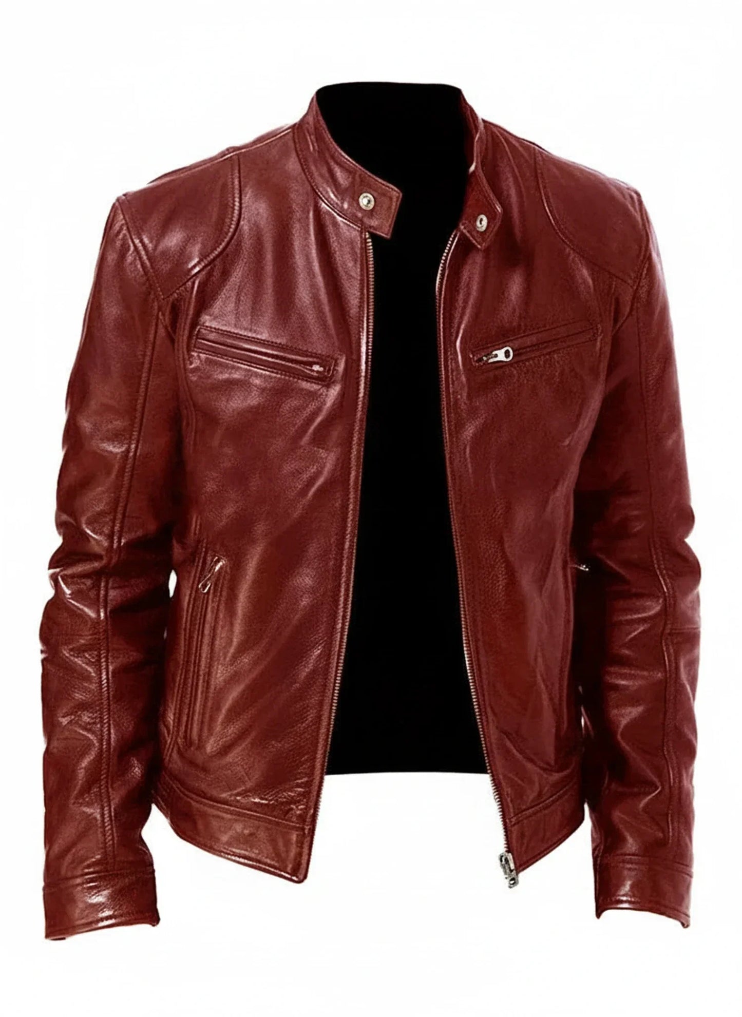 Men's PU Leather Racer Style Jacket Slim Fit With Zip Front Stand Collar For Modern Edgy Look