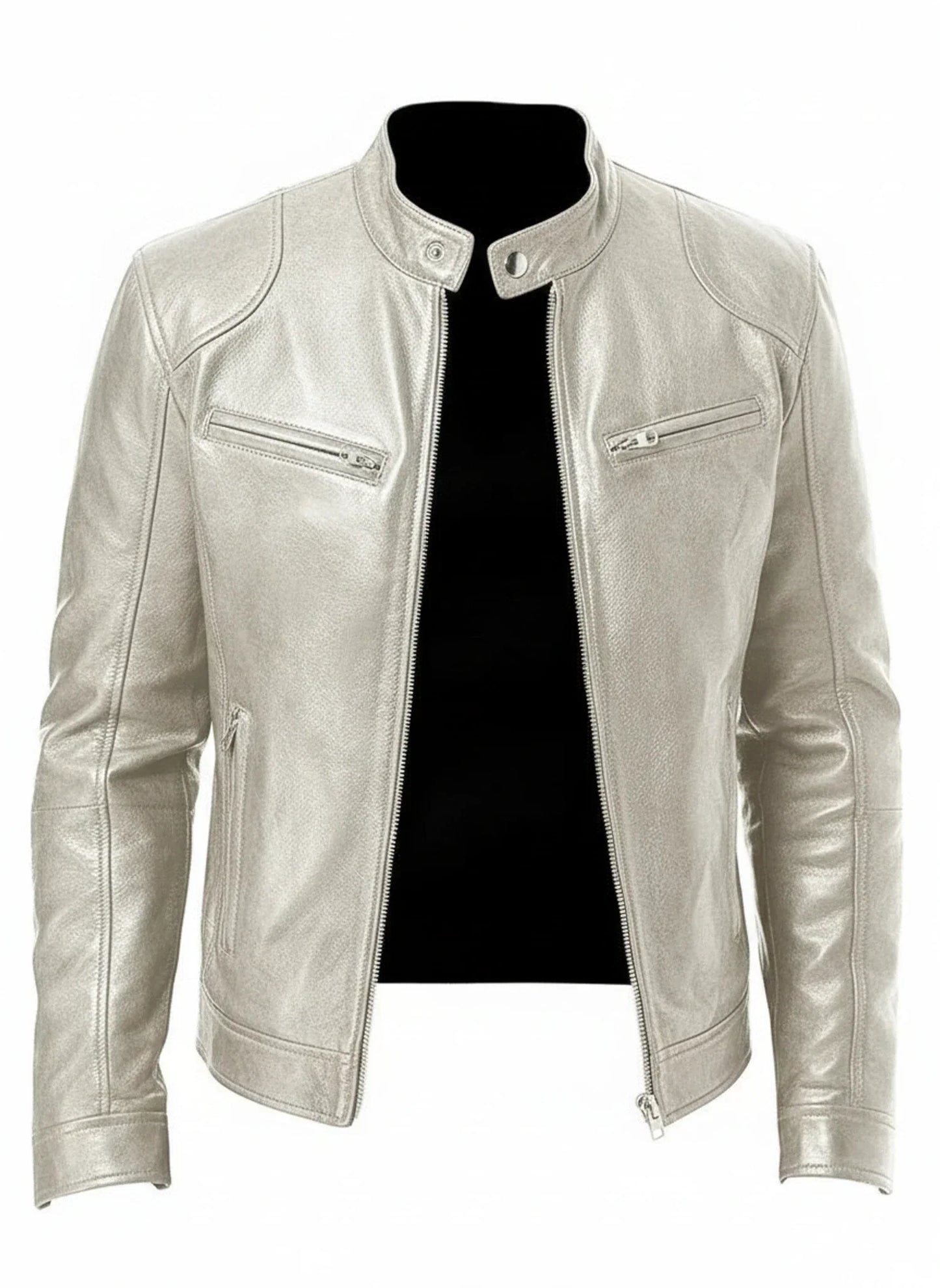 Men's PU Leather Racer Style Jacket Slim Fit With Zip Front Stand Collar For Modern Edgy Look