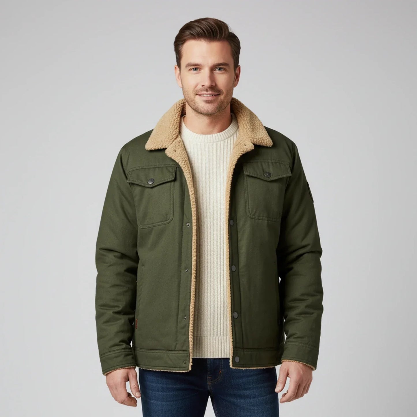 TrendAura Men's Sherpa Collar Trucker Jacket With Cozy Lining Front Button Closure And Chest Pockets