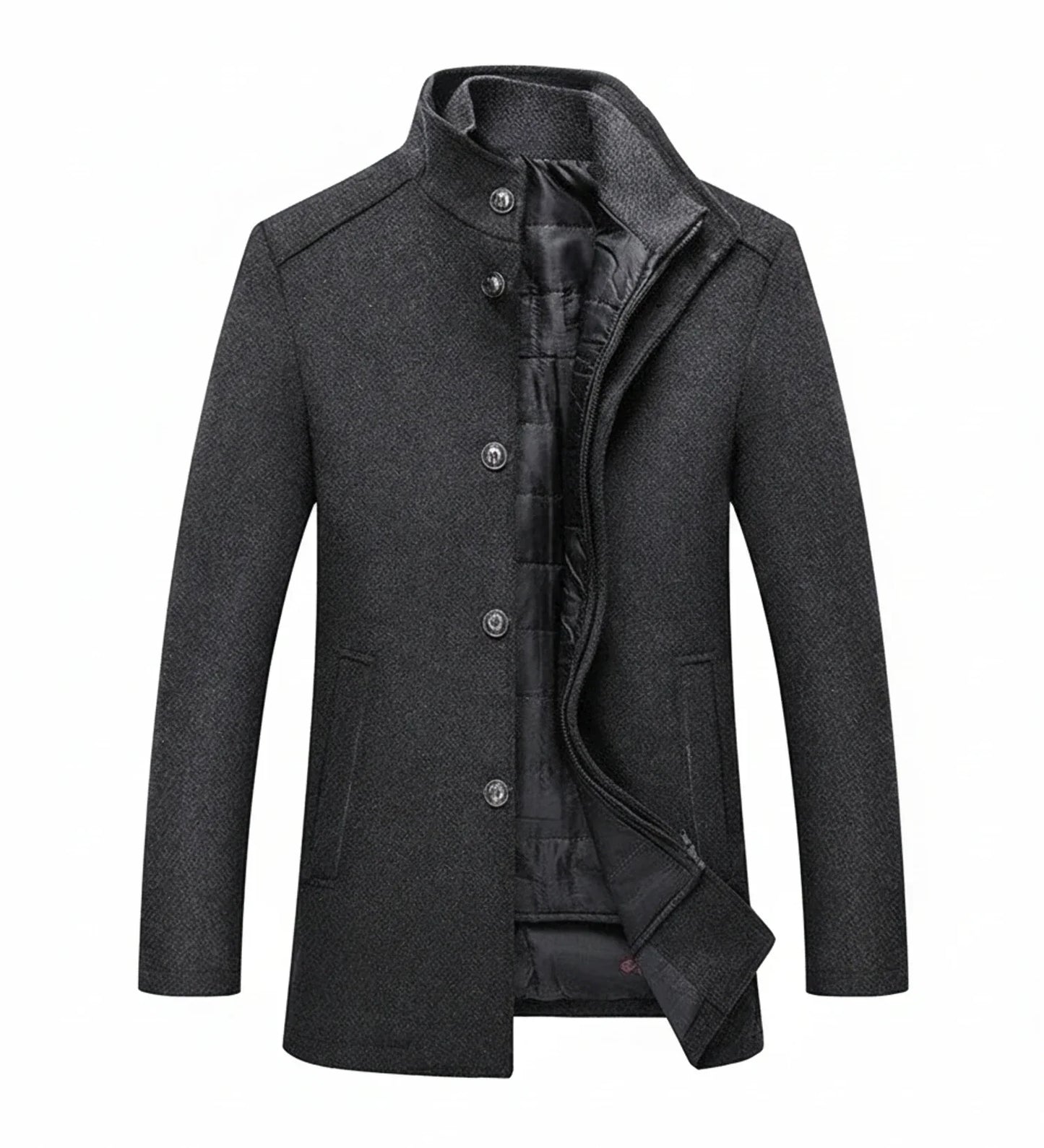 Men's Stand Collar Wool Overcoat With Quilted Lining Slim Fit Mid Length Brown Coat